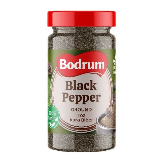 Bodrum Black Pepper Ground in Bottle 230g — finely ground black pepper in a resealable bottle, available from Foodsklep with UK delivery