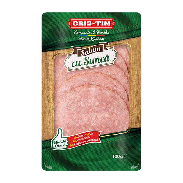 Cristim Sliced Salami with Ham 100g — Romanian pre-sliced salami with ham, available from Foodsklep with UK delivery