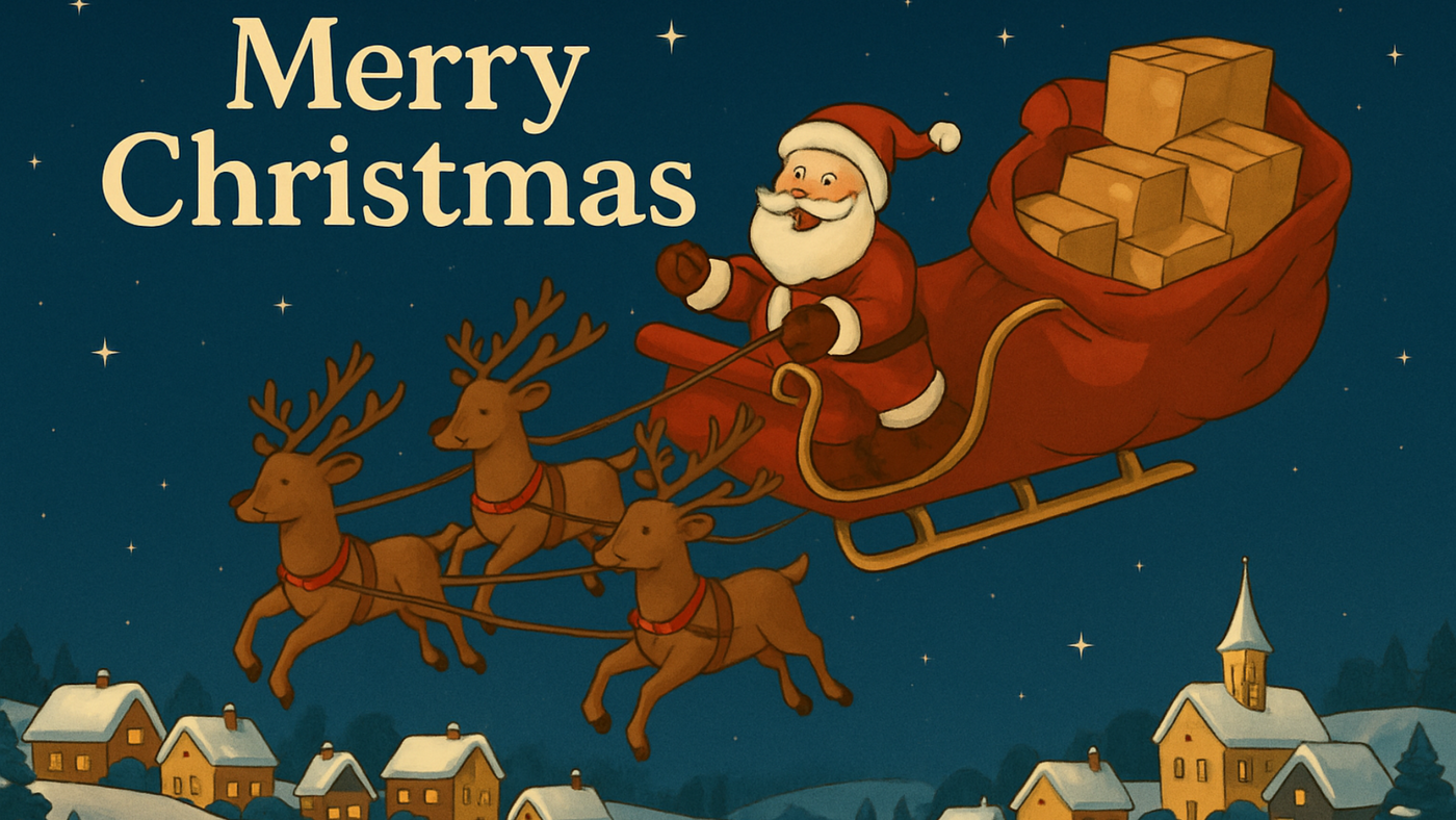 Cartoon Santa Claus in a sleigh with reindeer flying over a village at night, with 'Merry Christmas' text.