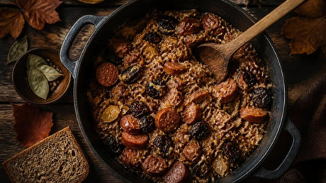 Polish bigos hunter's stew with sauerkraut and kielbasa in a cast-iron pot