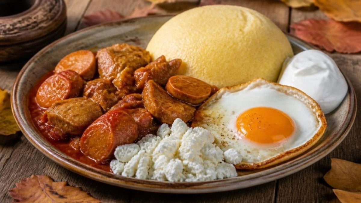 Romanian tochitura with mamaliga polenta, telemea cheese, sour cream and fried egg
