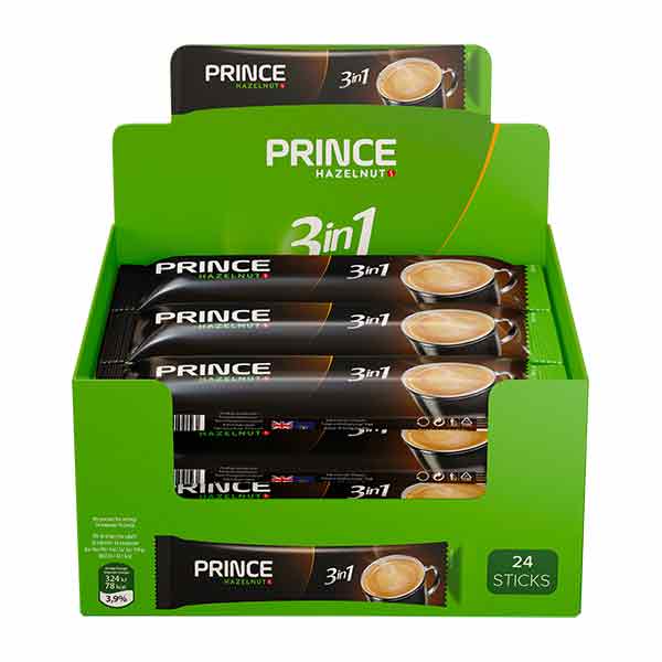 Devolli Prince Instant Coffee Hazelnut 3in1 24x18g — hazelnut flavoured instant coffee sachets, available from Foodsklep with UK delivery