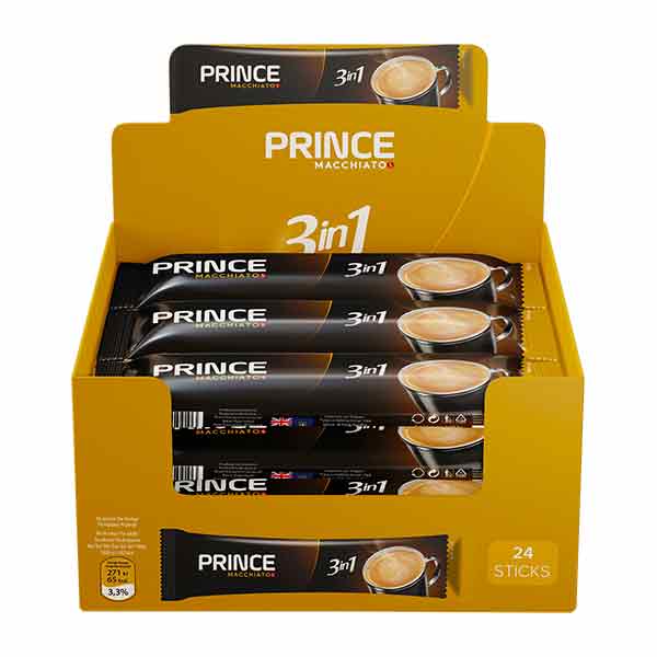 Devolli Prince Instant Coffee Macchiato 3in1 24x15g — instant coffee sachets box, available from Foodsklep with UK delivery
