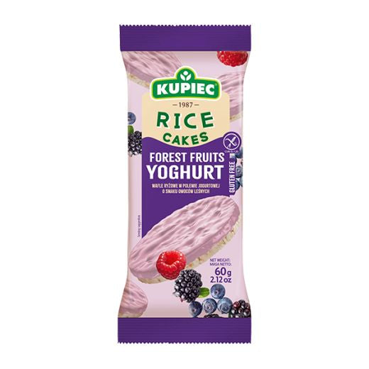 Kupiec Rice Cakes with Forest Fruits Yoghurt 60g — light rice cakes with a fruity yoghurt coating, available from Foodsklep with UK delivery