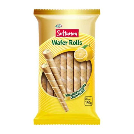 Sultanim Wafer Rolls with Lemon Cream 150g — crispy lemon cream filled wafer rolls, available from Foodsklep with UK delivery