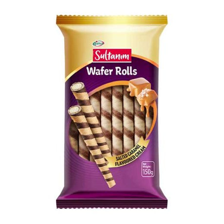 Sultanim Wafer Rolls with Salted Caramel Cream 150g — crispy salted caramel filled wafer rolls, available from Foodsklep with UK delivery