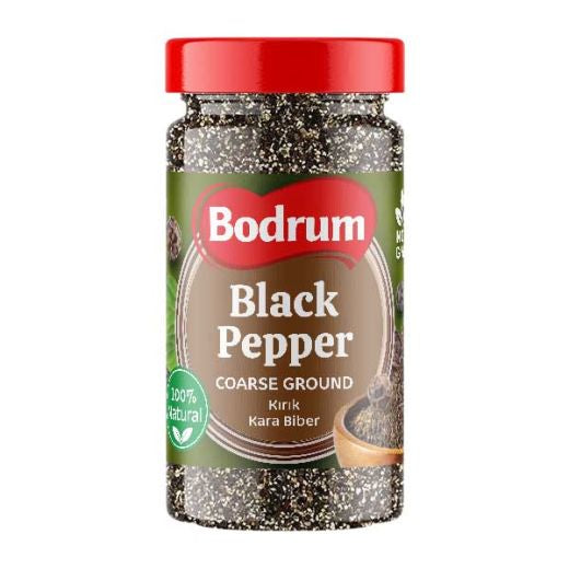 Bodrum Black Pepper Coarse Ground in Bottle 200g — bold coarse black pepper in a resealable bottle, available from Foodsklep with UK delivery
