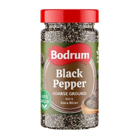 Bodrum Black Pepper Coarse Ground in Bottle 200g — bold coarse black pepper in a resealable bottle, available from Foodsklep with UK delivery