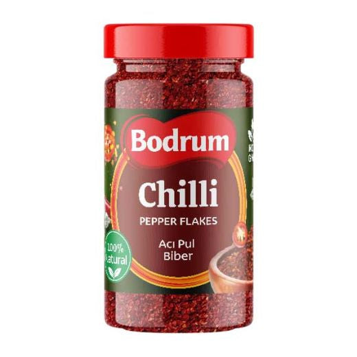 Bodrum Chilli Pepper Flakes in Bottle 230g — dried chilli flakes in a resealable bottle, available from Foodsklep with UK delivery