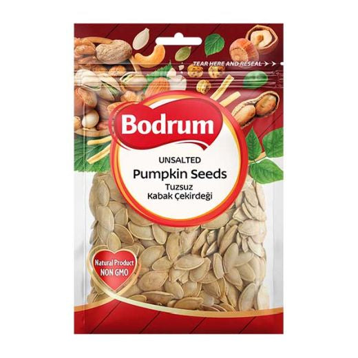 Bodrum Unroasted Pumpkin Seeds 120g — raw whole pumpkin seeds in a 120g pack, available from Foodsklep with UK delivery
