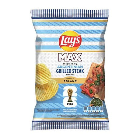 Lays Max Wavy Argentinian Steak Crisps 120g — thick ridged steak flavoured crisps, available from Foodsklep with UK delivery
