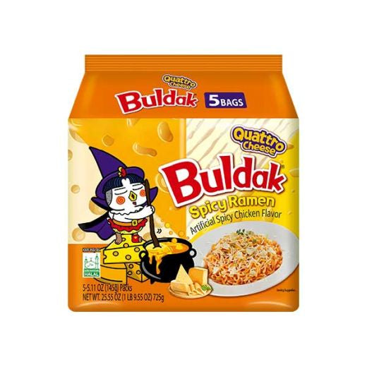 Samyang Buldak Quattro Cheese Noodles 5x130g — Korean four-cheese instant noodles multipack, available from Foodsklep with UK delivery