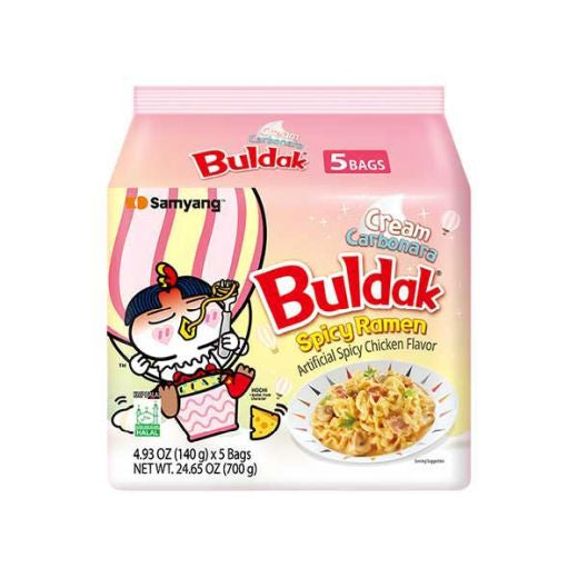 Samyang Buldak Cream Carbonara Noodles 5x130g — Korean creamy carbonara instant noodles multipack, available from Foodsklep with UK delivery