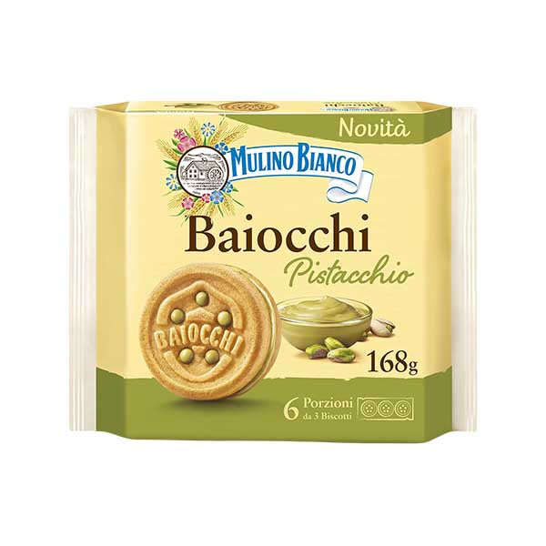 Barilla Mulino Bianco Baiocchi Pistachio Snack 168g — pistachio cream filled sandwich biscuits, available from Foodsklep with UK delivery