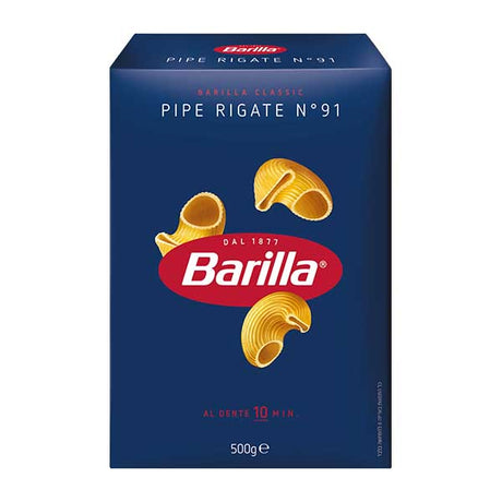 Barilla Pasta Pipe Rigate 500g — curved ridged Italian dried pasta, available from Foodsklep with UK delivery