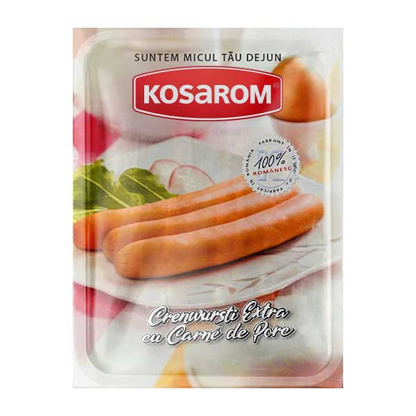 Kosarom Frankfurters with Pork 350g — Romanian pork frankfurter sausages, available from Foodsklep with UK delivery