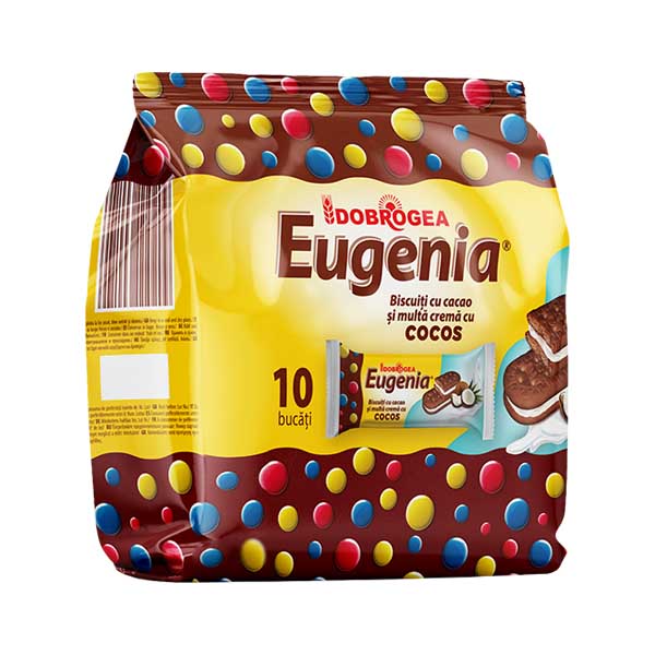 Dobrogea Eugenia Coconut Cream Cacao Biscuit 360g — Romanian cocoa sandwich biscuits with coconut cream, available from Foodsklep with UK delivery