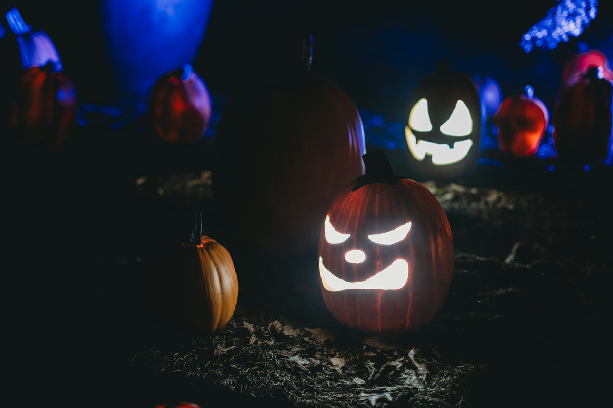 Glowing carved jack-o'-lanterns at night